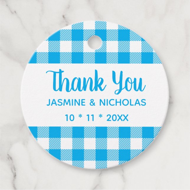 Étiquettes Cadeau Rustique Plaid Blue En vichy Mariage Merci (Devant)