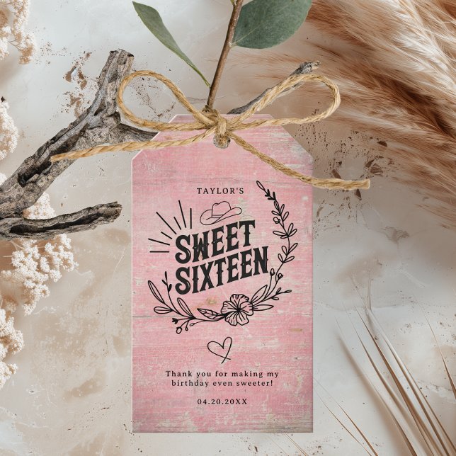 Étiquettes-cadeau Rustique rose Western Sweet sixteen de fille à cou (Créateur téléchargé)