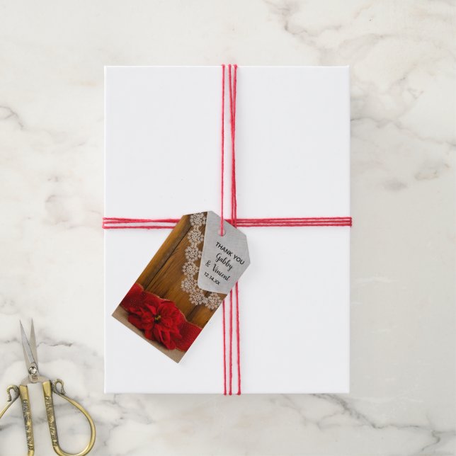 Étiquettes-cadeau Rustique Rouge Poinsettia Mariage d'hiver Favor Ta (Avec de la ficelle)