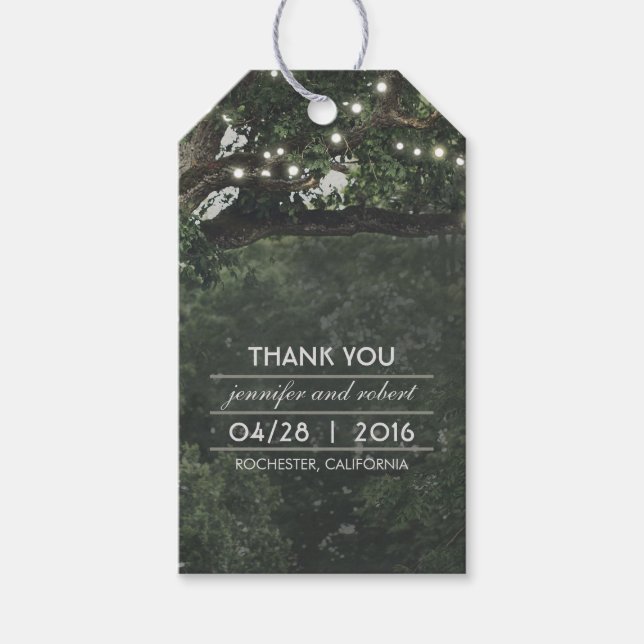 Étiquettes-cadeau Rustique Vieux Arbre Chaîne Lumières Mariage Merci (Devant)