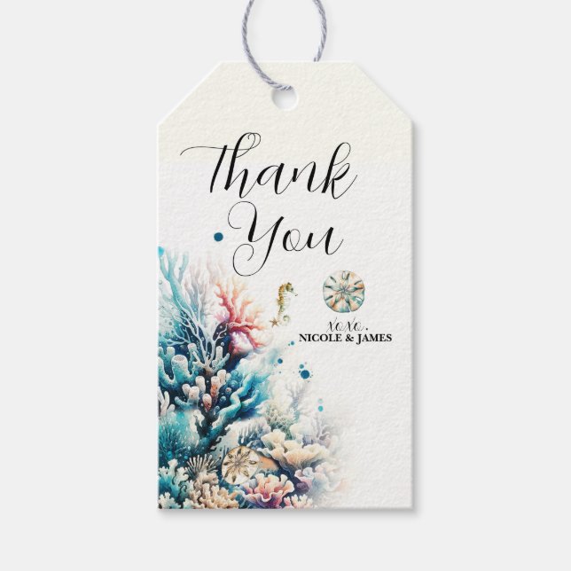 Étiquettes-cadeau Sable Dollar Océan Splash Sea Watercolor Mariage (Devant)