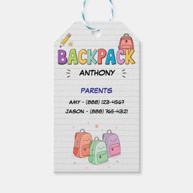 Étiquettes-cadeau Sac à dos Bénédiction avec les informations parent (Devant)