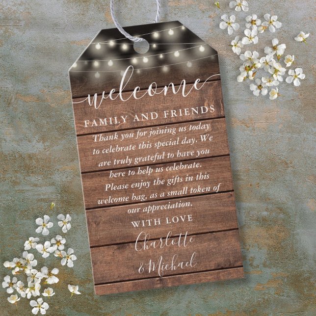 Étiquettes-cadeau Sac à panier d'accueil pour mariage rustique (Rustic Lights Wedding Favor Welcome Basket Bag Gift Tags)