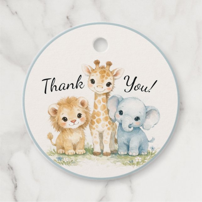 Étiquettes Cadeau Safari Animals Baby Boy Elephant Lion Giraffe  (Devant)