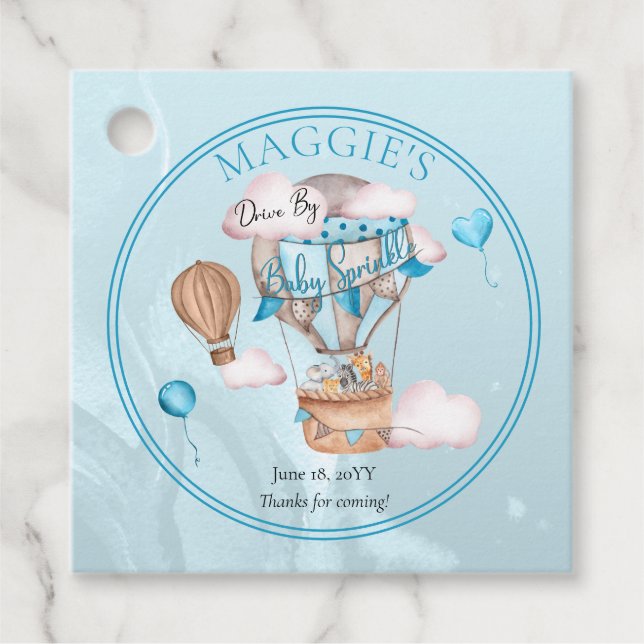 Étiquettes Cadeau Safari Animaux Balloon Drive By Boy Baby Sprinking (Devant)