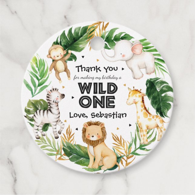 Étiquettes Cadeau Safari Animaux Wild Un 1er Décor de fête d'anniver (Devant)