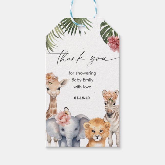 Étiquettes-cadeau Safari baby Animals Baby Girl Shower Thank  (Devant)