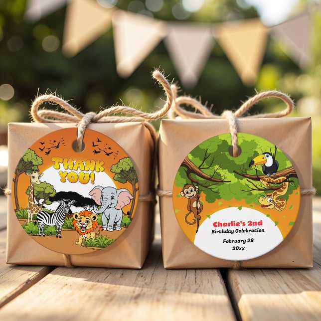 Étiquettes Cadeau Safari Tropical Jungle Animaux Cartoon Merci (Créateur téléchargé)
