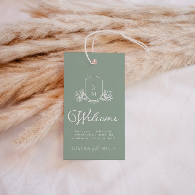 Étiquettes-cadeau Sage Botanique Monogramme Crest Welcome Favoriser  (Créateur téléchargé)