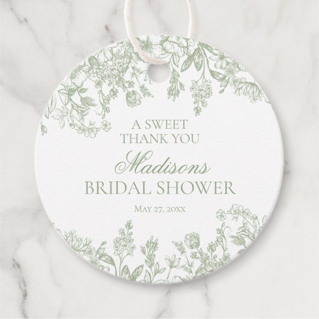 Étiquettes Cadeau Sage Chinoiserie Fête des mariées florale Cercle (Devant)