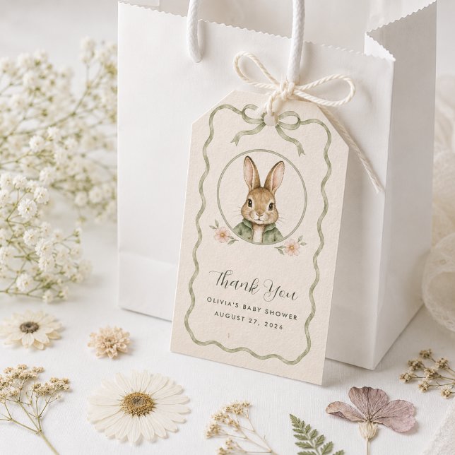Étiquettes-cadeau Sage Gingham Lapin Baby Shower (Créateur téléchargé)