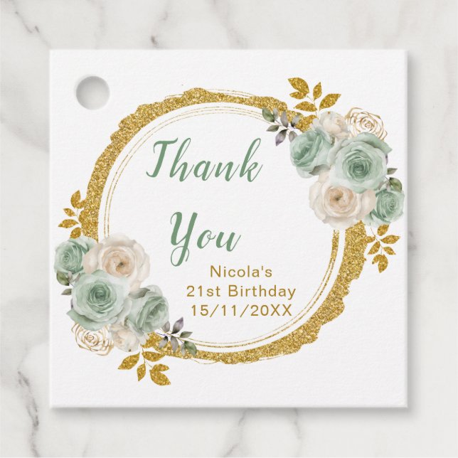 Étiquettes Cadeau Sage Green and Gold Elegant Flowers Birthday Party (Devant)