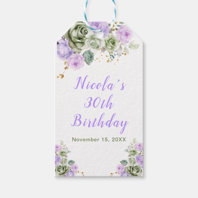 Étiquettes-cadeau Sage Green and Purple Floral Birthday Party (Devant)