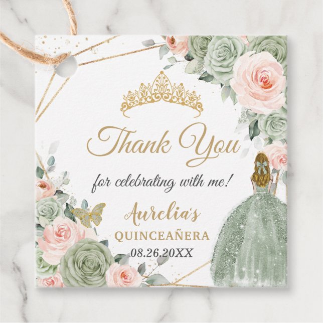 Étiquettes Cadeau Sage Green Blush Floral Blonde Girl Quinceañera (Devant)