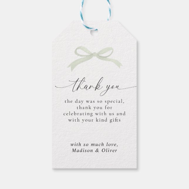 Étiquettes-cadeau Sage Green Bow Monogram Thank You Message Wedding (Dos)