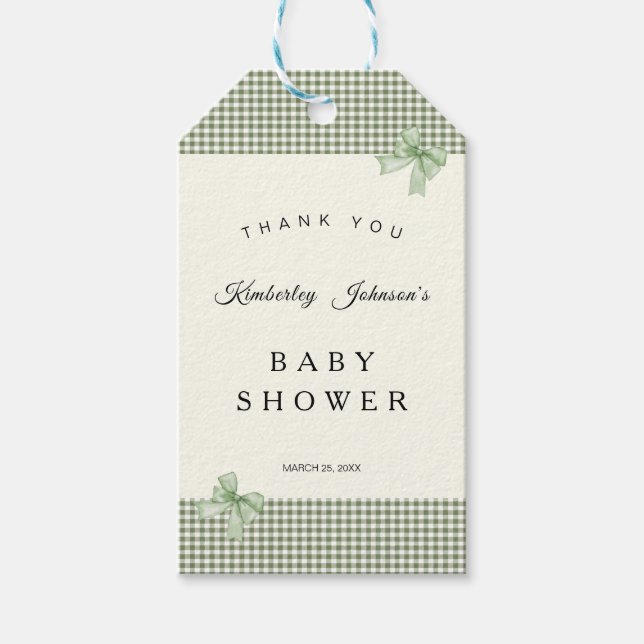 Étiquettes-cadeau Sage Green En vichy Baby shower Invitation et vach (Devant)