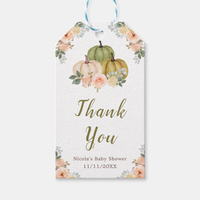 Étiquettes-cadeau Sage Green et Peach Floral Citrouille Baby shower (Devant)