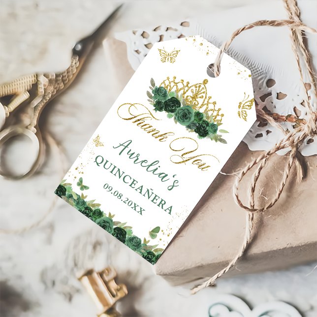 Étiquettes-cadeau Sage Green Floral Papillons Quinceañera Anniversai (Créateur téléchargé)