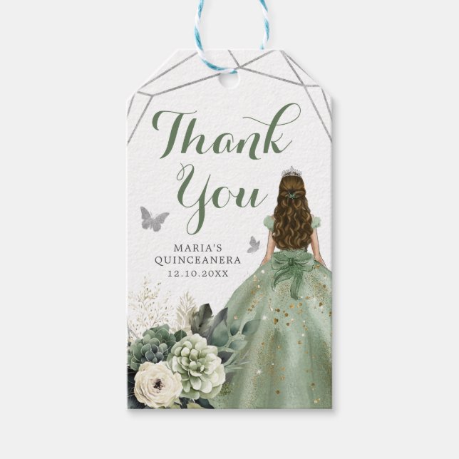 Étiquettes-cadeau Sage Green Floral Princesse Quinceañera Merci (Devant)