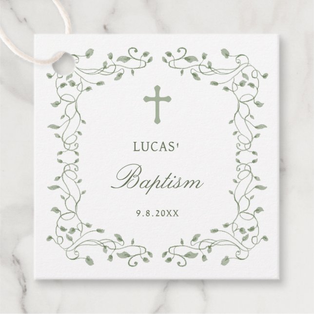 Étiquettes Cadeau Sage Green Foliage Frame Baptism (Devant)