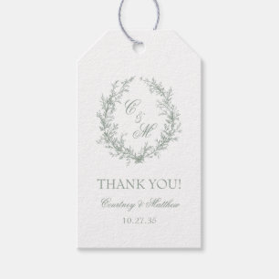 Étiquettes-cadeau Sage Green Monogramme Merci de couronne botanique