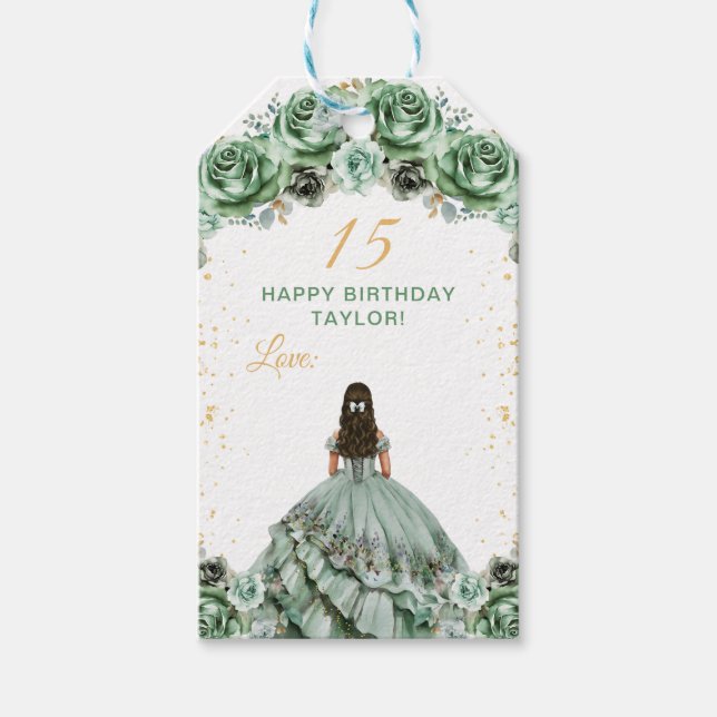 Étiquettes-cadeau Sage Green Princesse Quinceañera Joyeux anniversai (Devant)