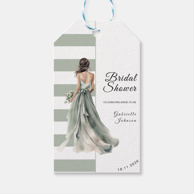 Étiquettes-cadeau Sage Green Stripes Aquarelle Bride Fête des mariée (Devant)