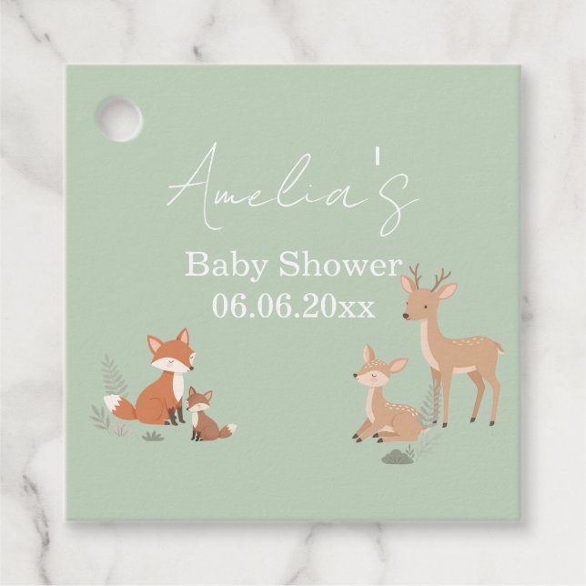 Étiquettes Cadeau Sage Green Woodland Animal Baby Shower  (Devant)