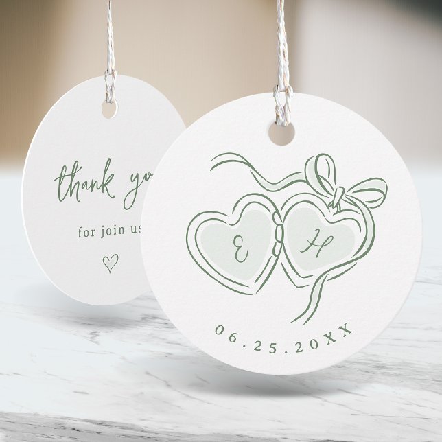Étiquettes Cadeau Sage Hand Drawn Hearts Monogram Thank You  (Sage Hand Drawn Hearts Monogram Thank You Favor Tags)