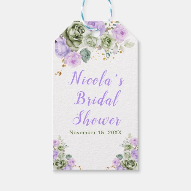 Étiquettes-cadeau Sage Vert et Fleurs Violettes Baby Shower de Marié (Devant)