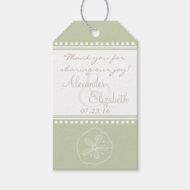 Étiquettes-cadeau Sage Vert Sable Dollar Balnéaire Mariage Invité Fa (Devant)