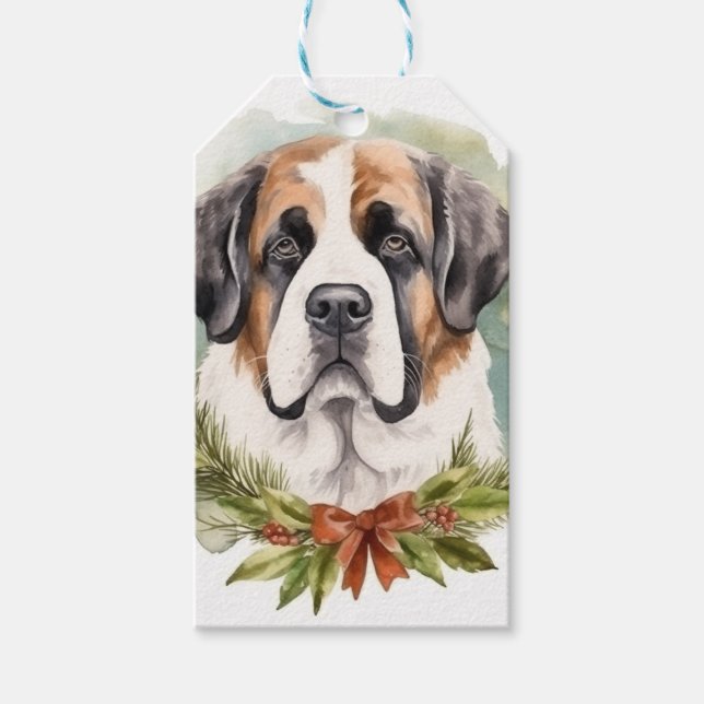 Étiquettes-cadeau Saint Bernard Christmas Wreath Festive Pup (Devant)