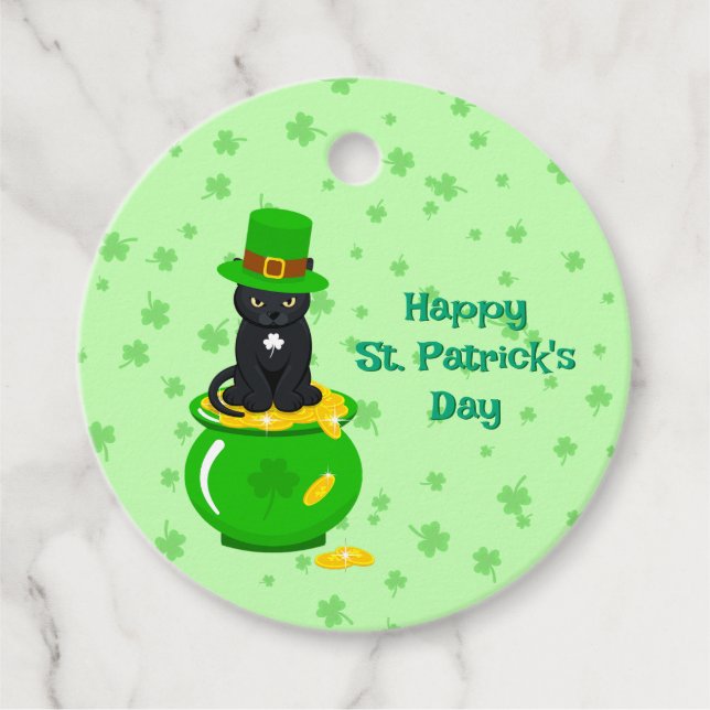Étiquettes Cadeau Saint Patrick's Day Shamrock Pot of Gold Black Cat (Devant)