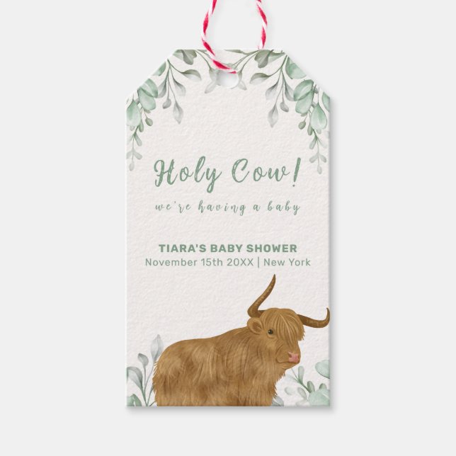 Étiquettes-cadeau Saint-Vache Rustique Boho Baby shower de verdure (Devant)