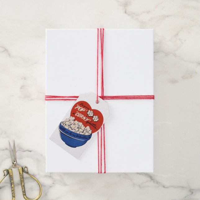 Étiquettes-cadeau Saint-Valentin Rétro, Popcorn Pose une Question Ri (Avec de la ficelle)