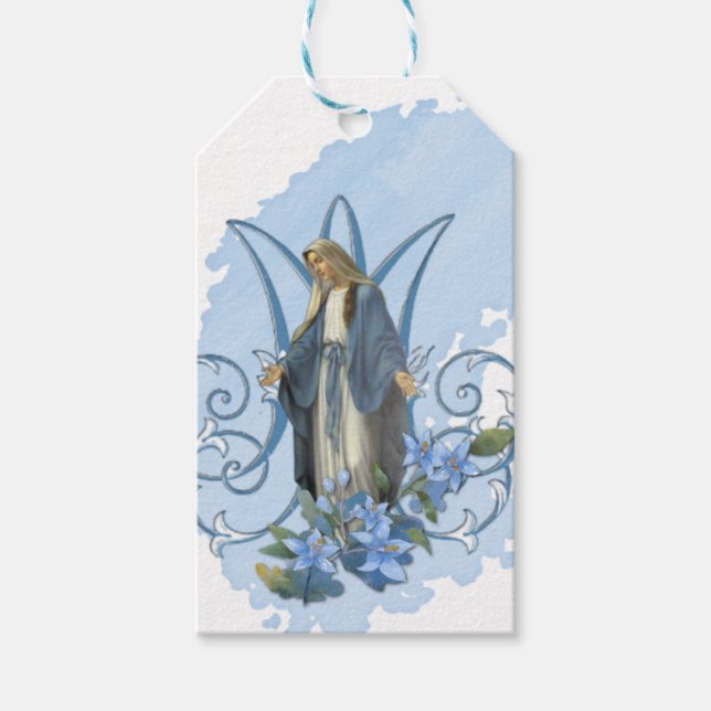 Étiquettes-cadeau Sainte Vierge Marie Religieux Catholique Bleu Flor (Devant)