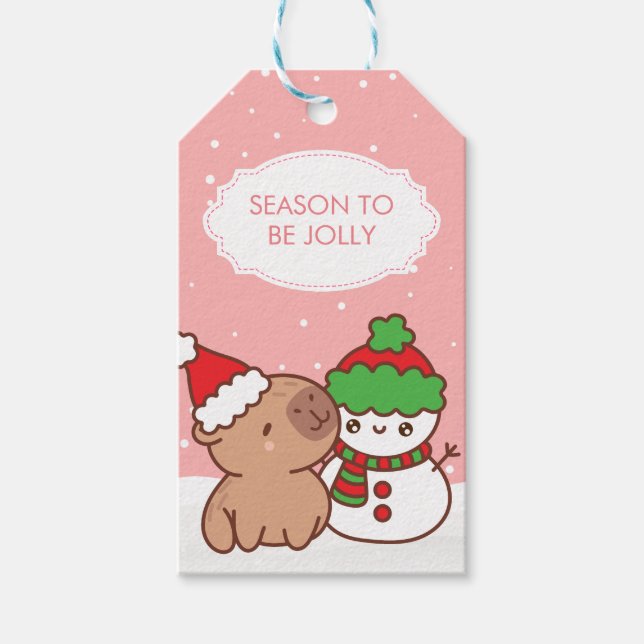 Étiquettes-cadeau Saison Capybara Et Snowman Pour Être Jolly Mignonn (Devant)