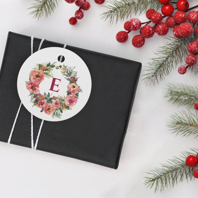 Étiquettes Cadeau Saison de vacances Monogramme Joie rose Wreath Bot (Créateur téléchargé)