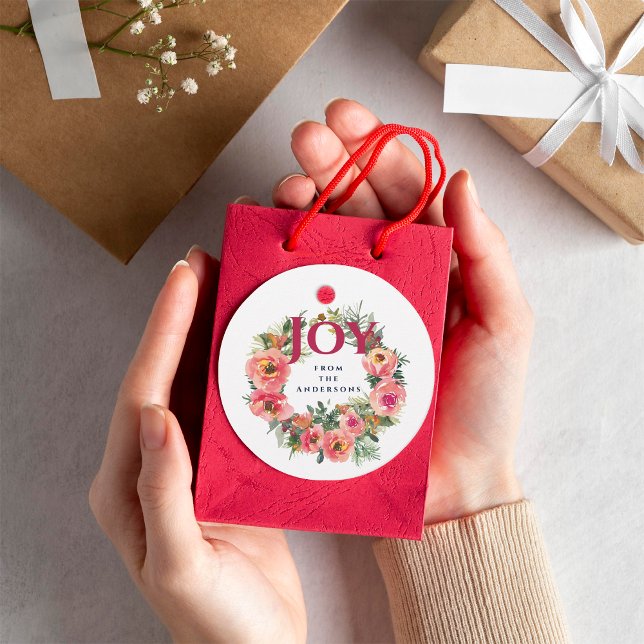 Étiquettes Cadeau Saison de vacances Pink Joy Wreath Botanique (Créateur téléchargé)
