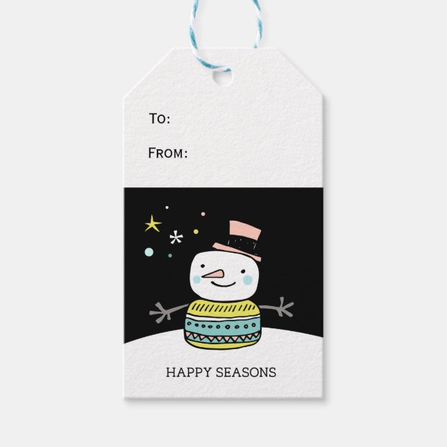 Étiquettes-cadeau Saison joyeuse de bonhomme de neige rétro noël (Devant)