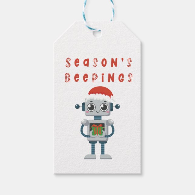 Étiquettes-cadeau saisons beeping mignon marque cadeau robot de noël (Devant)