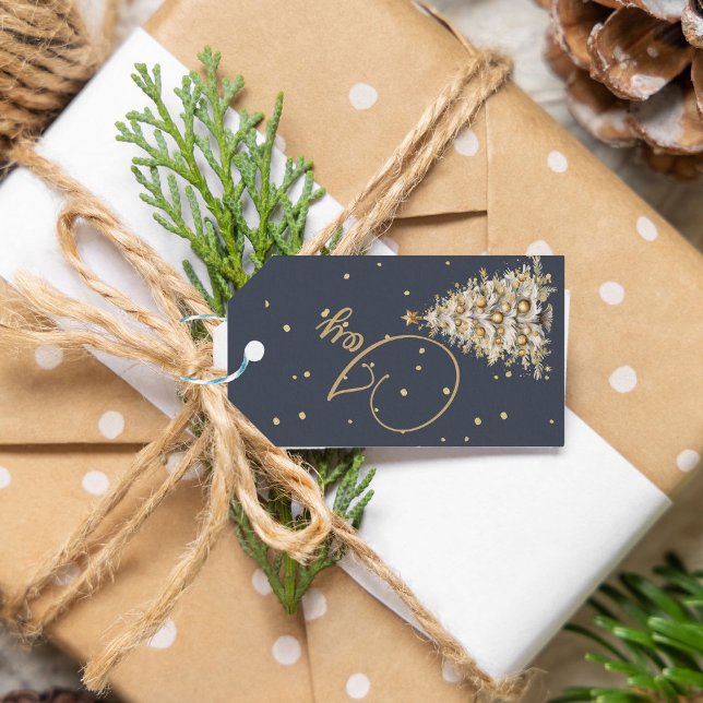 Étiquettes-cadeau Salutation de Noël Joy Blue Gold Colour Tree (Créateur téléchargé)