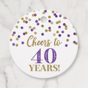 Étiquettes Cadeau Salutations à 40 ans d'or violet Confetti