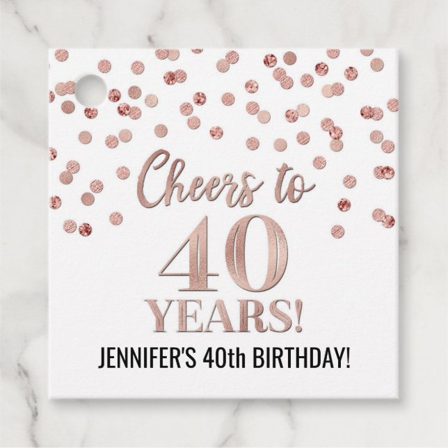 Étiquettes Cadeau Salutations à 40 ans Rose Gold Confetti (Devant)