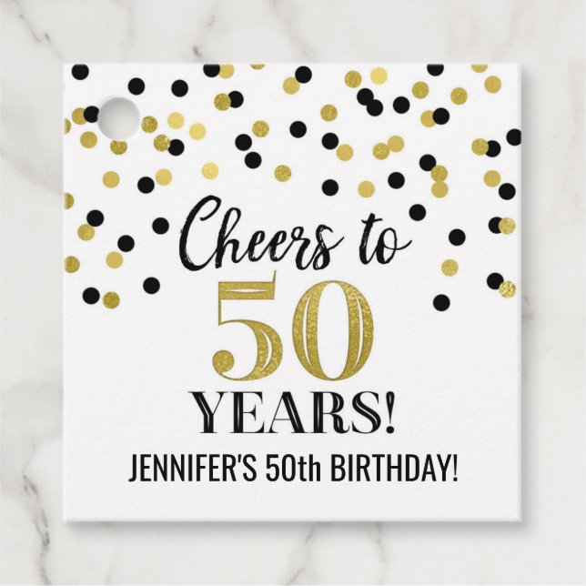 Étiquettes Cadeau Salutations à 50 ans d'or Noir Confetti (Devant)