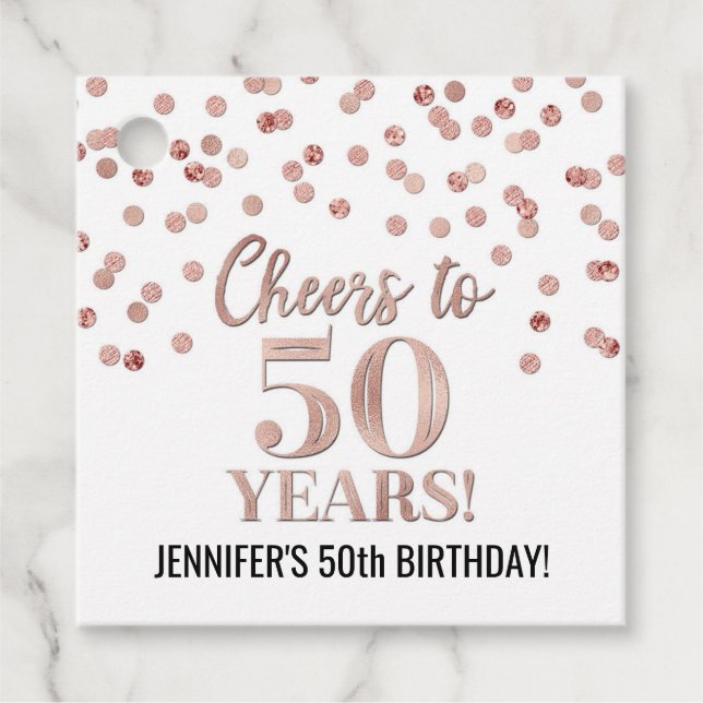Étiquettes Cadeau Salutations à 50 ans Rose Gold Confetti (Devant)