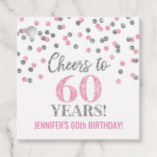 Étiquettes Cadeau Salutations à 60 ans Confetti en argent rose