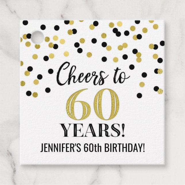 Étiquettes Cadeau Salutations à 60 ans d'or Confetti Noir (Devant)