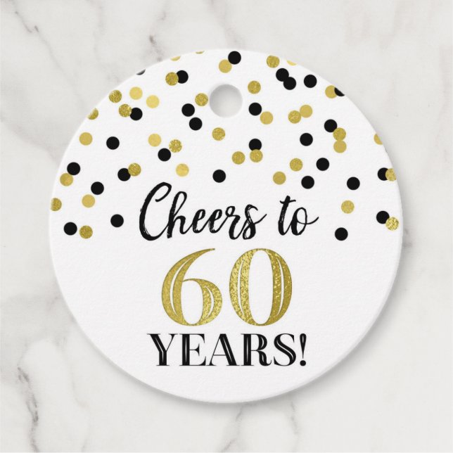 Étiquettes Cadeau Salutations à 60 ans d'or Confetti Noir (Devant)