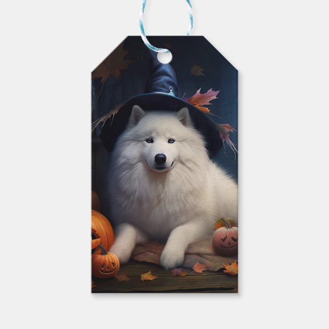 Étiquettes-cadeau Samoyed Citrouilles Halloween Effrayant (Devant)